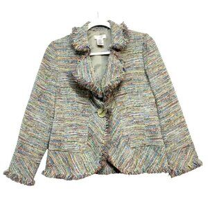 Laura Ashley Blazer Jacket Size Petite Small Woven Textured Fringe Preppy Artsy